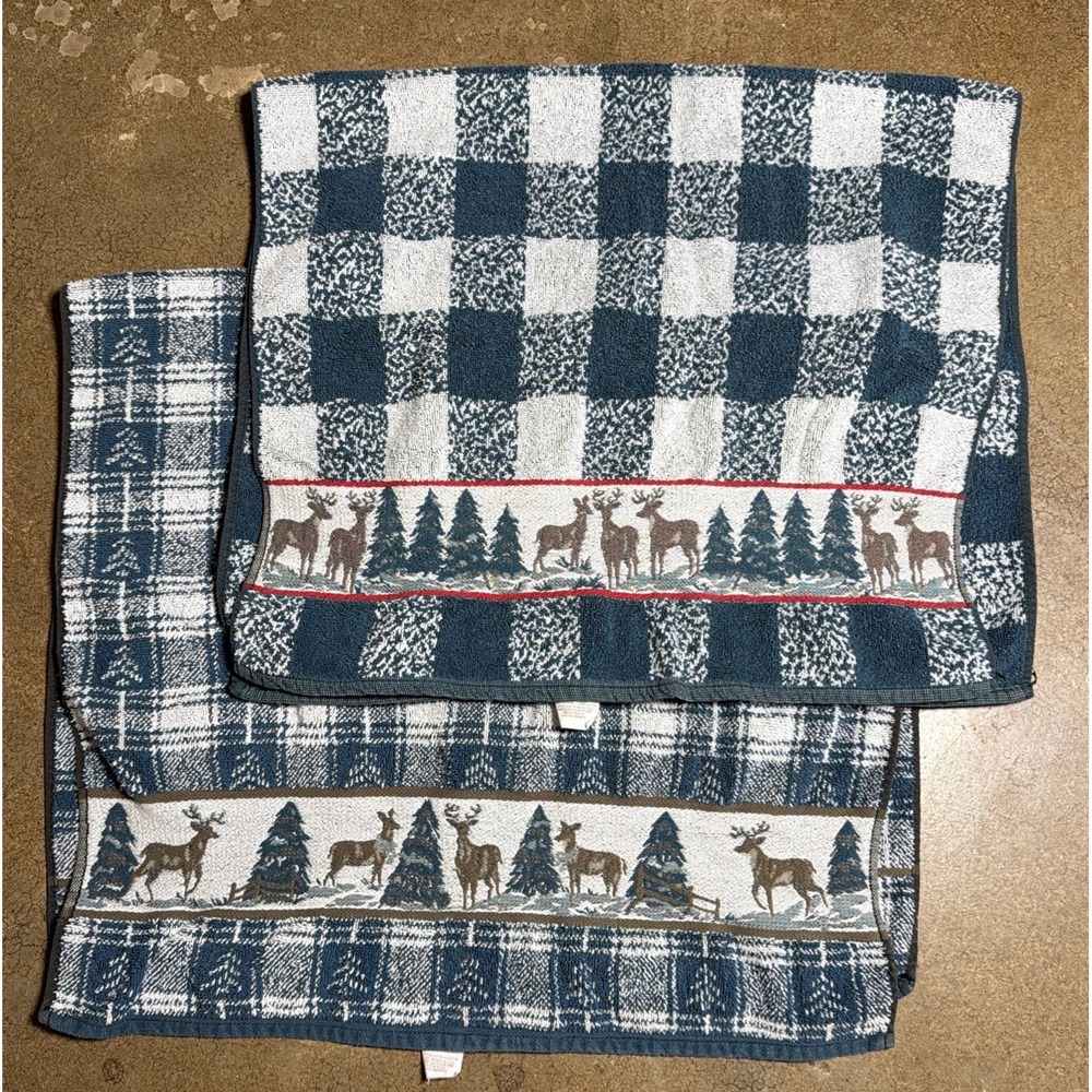 Vintage Christmas Green Plaid Deer Towels - Picture 2 of 10